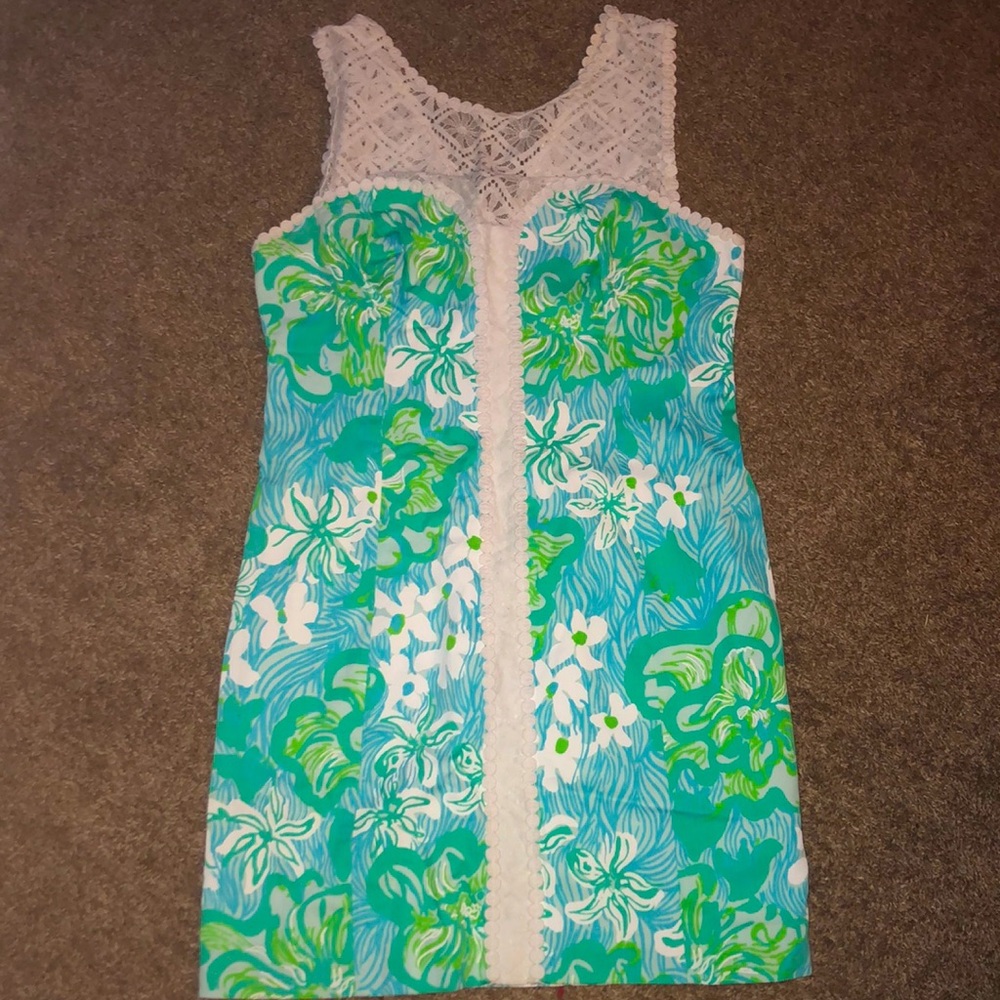 Lilly Pulitzer; floral dress; size 10; mini; lace; blue and green